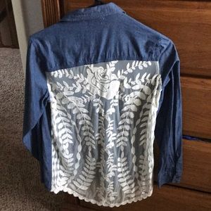 Xhiliration Rose Mesh denim blouse